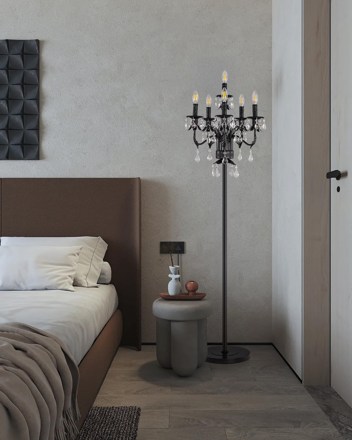 Black Crystal Floor Lamp, Tall Vintage Standing Living Room Lamp