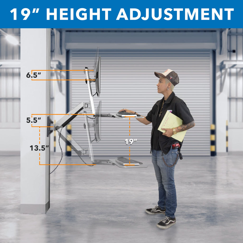 Wall Mounted Sit-Stand Single Monitor Workstation with Gas Spring Arm, Keyboard Tray & CPU Holder, 19.9” Height Adjustment, 41” Extension, VESA 75x75 100x100