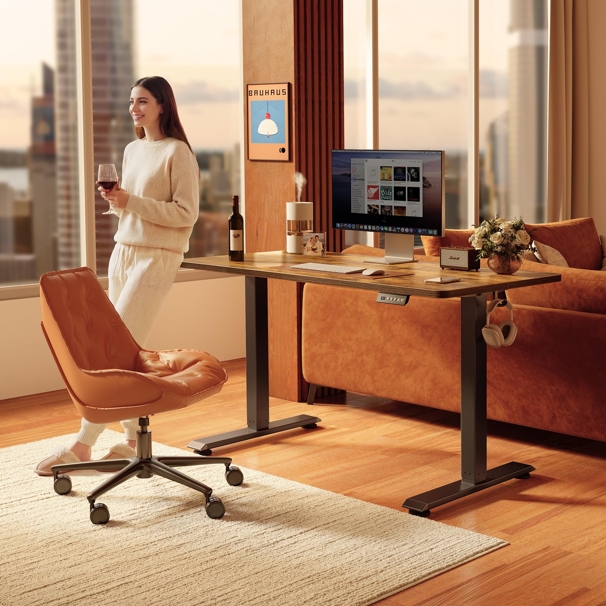 48 x 24 Inchs Electric Standing Desk, Height Adjustable, Sit Stand Up, Computer Office Desk with Splice Board, Black Frame/Rustic Brown Top