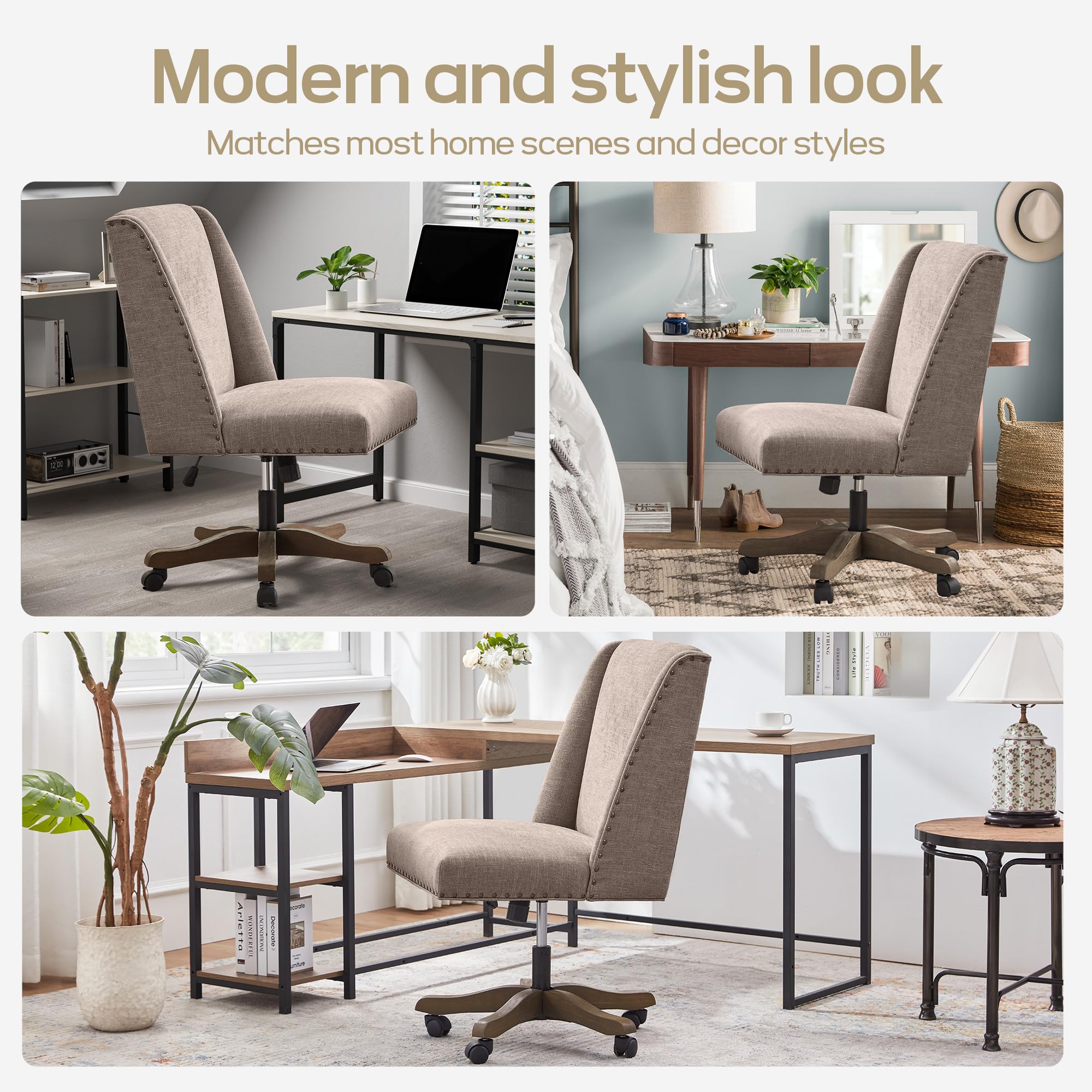 Upholstered Armless Office Chair with Wooden Legs, Modern Adjustable Home Office Desk Chair Computer Chair Swivel Chair for Home Office Study Studio (Brown)