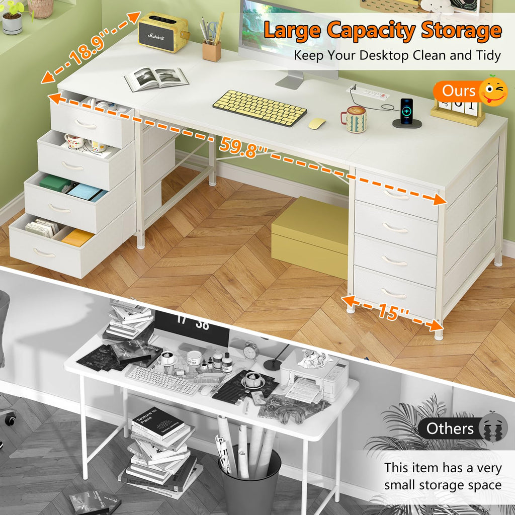 60 Inch Computer Desk with 8 Drawers, Home Office Desk with Power Outlets, Work Study Gaming Desk with 8 Fabric Drawers