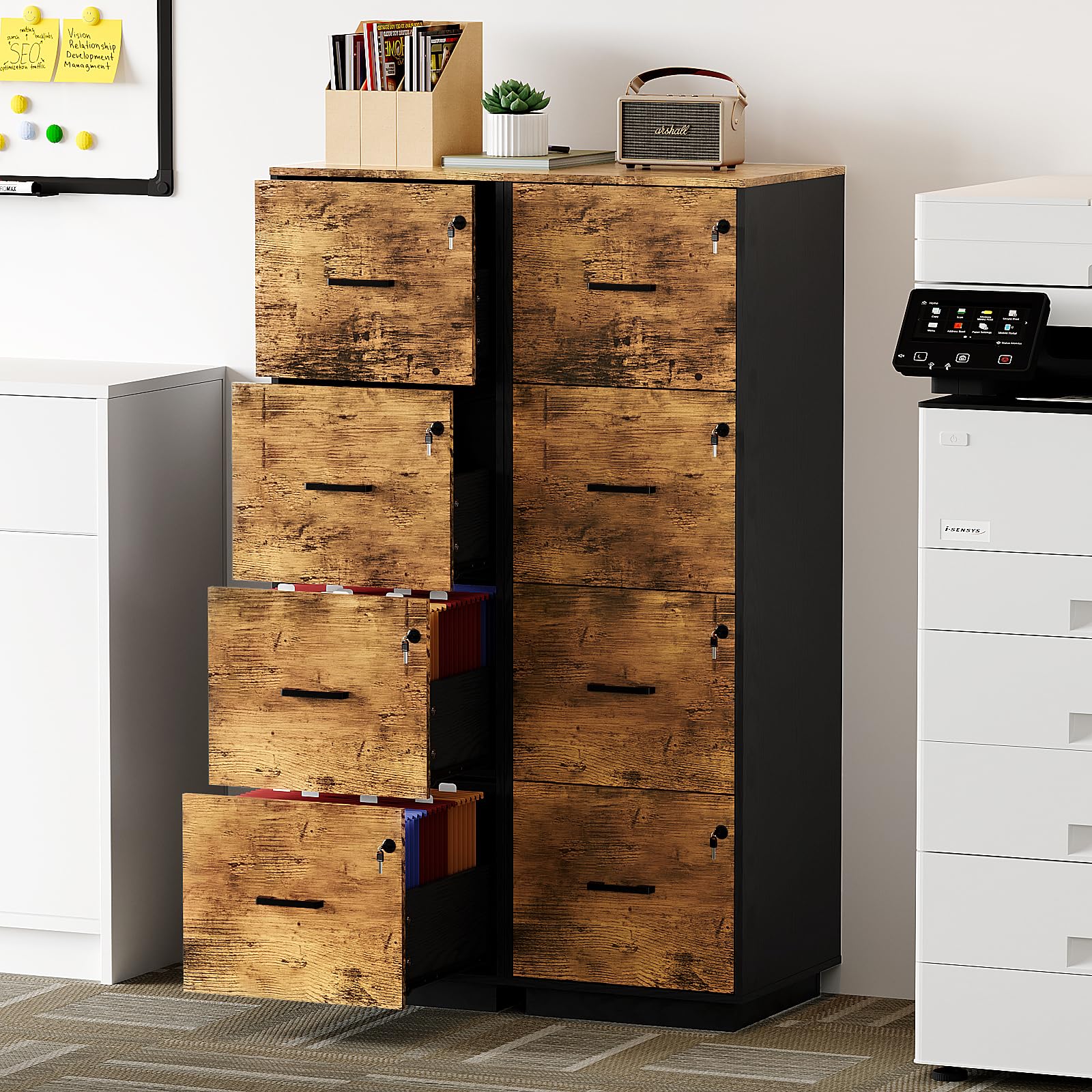 4 Drawer File Cabinet with Lock, Home Office Filing Organizer, for Letter Size File Folder Storage, Wood Tall Vertical Filing Cabinet, Printer Stand, Archivador (Rustic Brown)