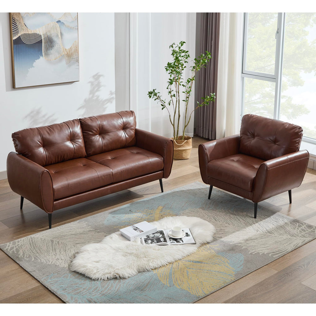 Sofa Couch 61" Small Loveseat Couches for Living Room Leather Couch Mid Century Modern Tufted Mini Sofa Comfy Office 2 Seat Settee Love Seat Bedroom (2, Brown)