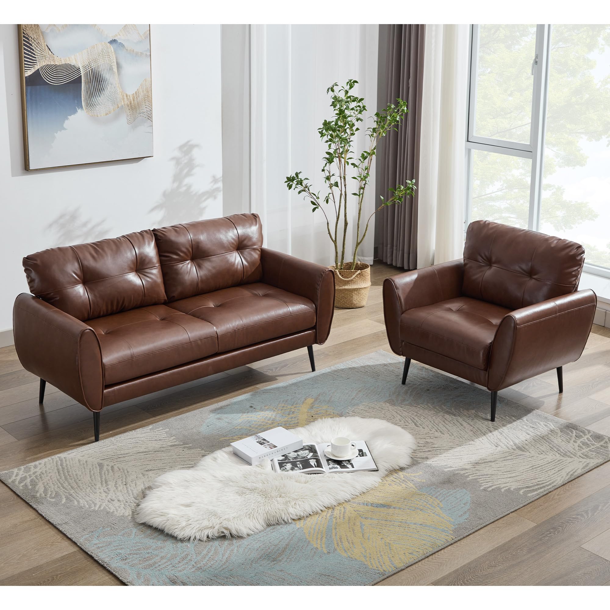 Sofa Couch 61" Small Loveseat Couches for Living Room Leather Couch Mid Century Modern Tufted Mini Sofa Comfy Office 2 Seat Settee Love Seat Bedroom (2, Brown)