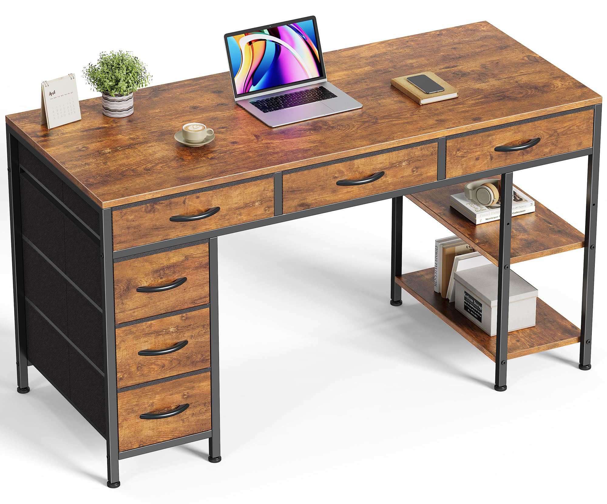 Computer Desk with 6 Drawers, Office Desk with Shelves, Reversible Gaming Desk, Corner Desk with Storage, Work for Home Office, Study, Living Room, 47inch, Rustic Brown