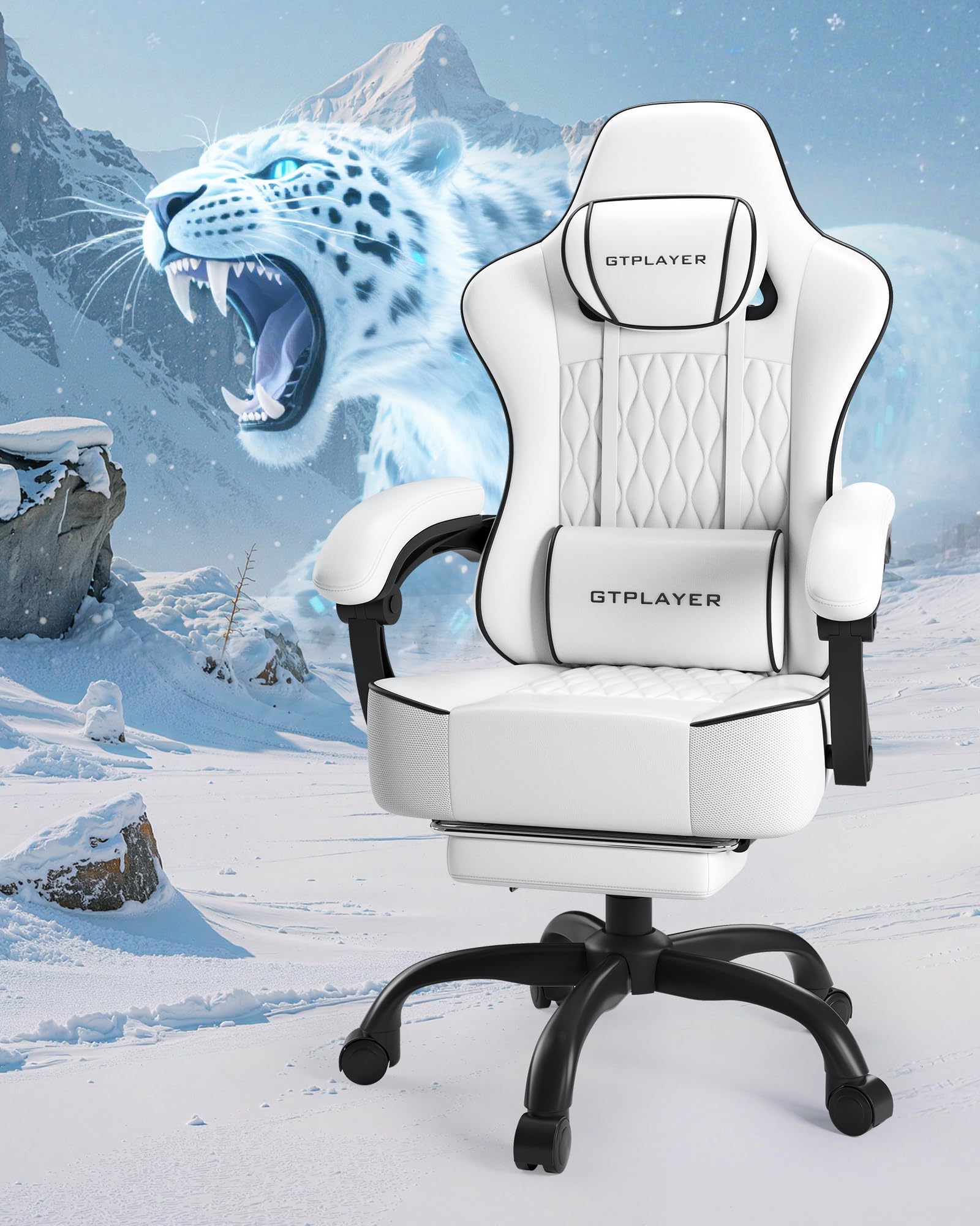 Big and Tall Gaming Chair with Footrest, Ergonomic Office Desk Chair with 4.4in Thick Cushion and Wide Wingless Seat, Comfortable Leather Computer Chair, Predator Series, White