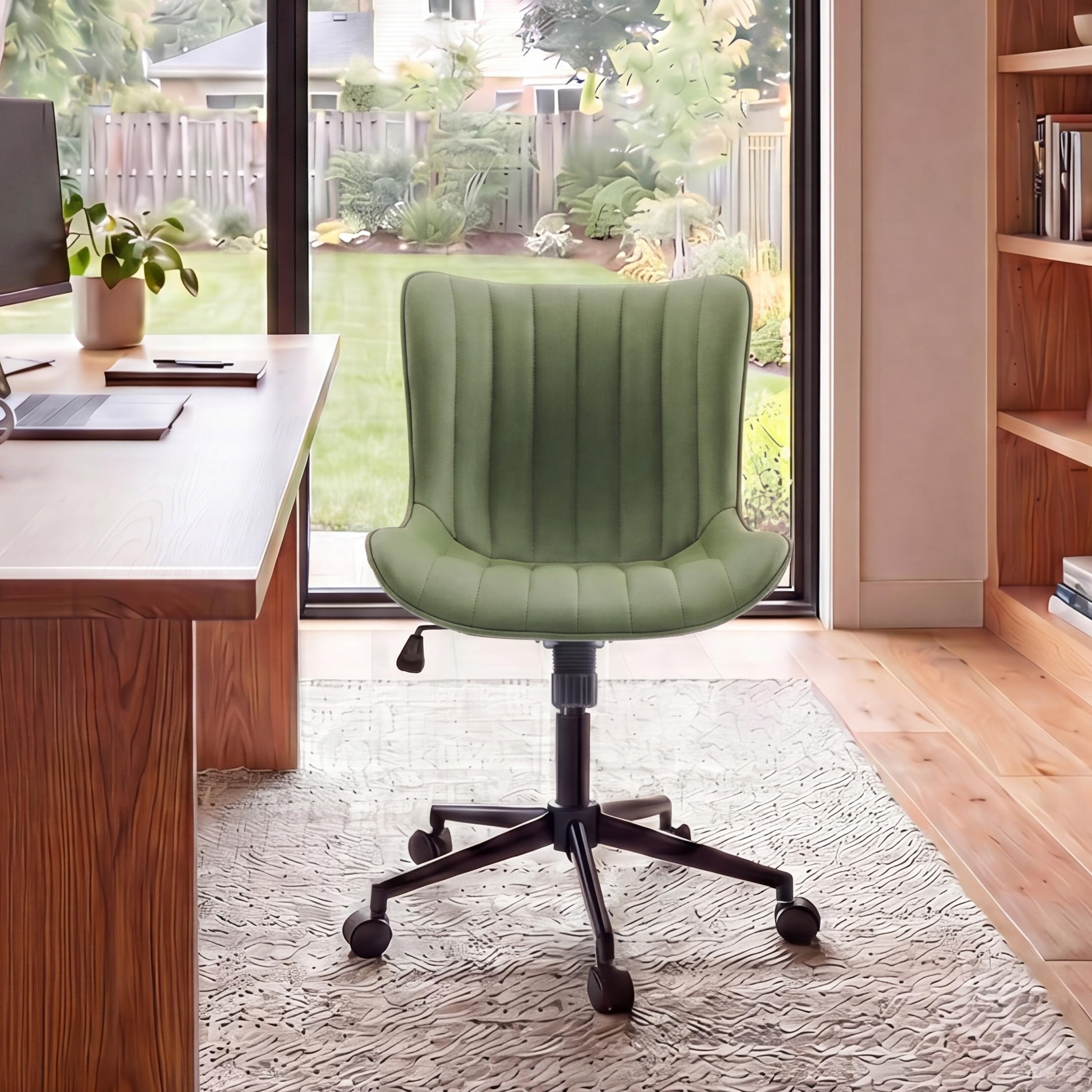 Olive Green Office Desk Chair with Wheels Armless Compact Comfy Vanity Chair with Adjustable Back Modern Small Faux Leather Upholstered Swivel Rolling Computer Task Chair No Arms