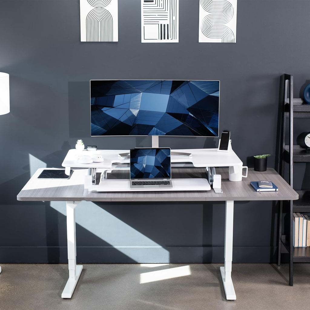 48 inch Height Adjustable Large Stand Up Desk Converter, V Series, Quick Sit to Stand Tabletop Dual Monitor Riser Workstation, White, DESK