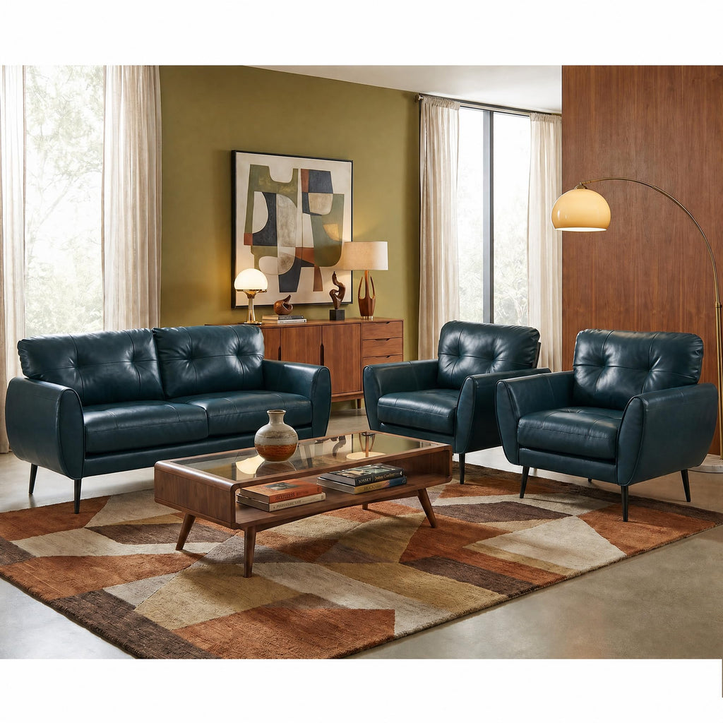 Sofa Couch 61" Small Loveseat Couches for Living Room Leather Couch Mid Century Modern Tufted Mini Sofa Comfy Office 2 Seat Settee Love Seat Small Couches for Bedroom (3, Blue)