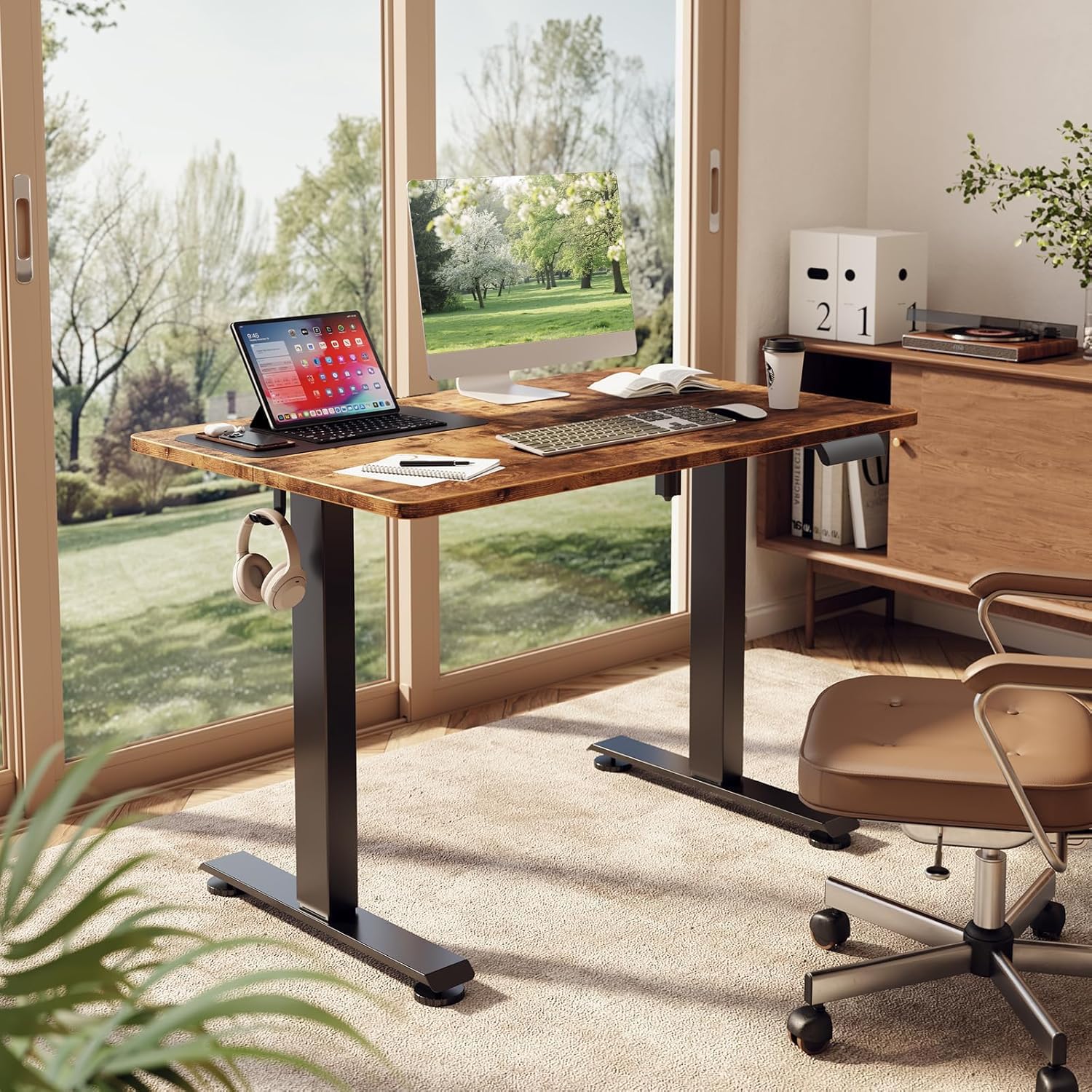 39.4" Small Electric Standing Desk, Height Adjustable Sit Stand Up, Wood Desktop, Work Home Office Computer PC Desks, Writing Study Bedroom Rising Table, Brown