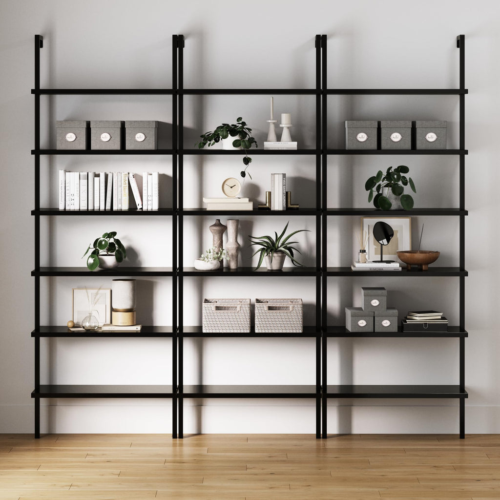 Set of 3, 6-Shelf Tall Bookcase, Wall Mount Bookshelf Wood Shelves and Metal Frame, Matte Black