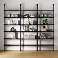 Set of 3, 6-Shelf Tall Bookcase, Wall Mount Bookshelf Wood Shelves and Metal Frame, Matte Black