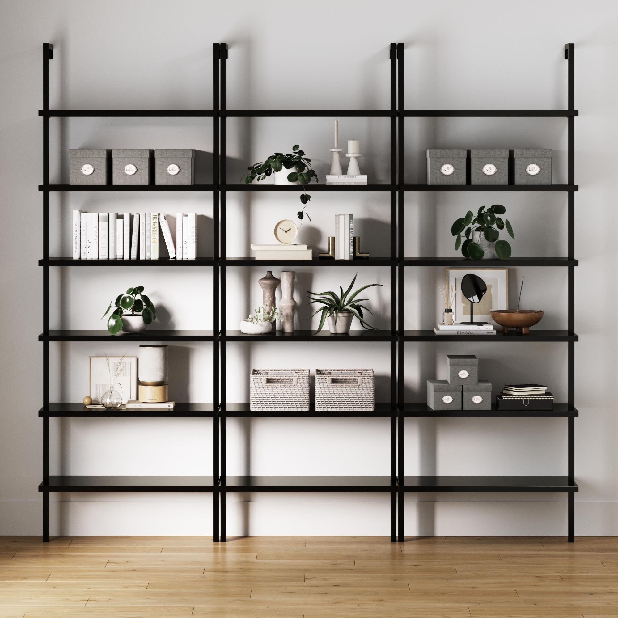 Set of 3, 6-Shelf Tall Bookcase, Wall Mount Bookshelf Wood Shelves and Metal Frame, Matte Black