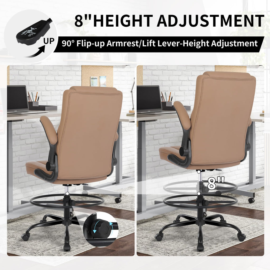 Drafting Chair, Tall Office Chair for Standing Desk, Standing Chair with Adjustable Height and Flip-up Armrest, Leather Drafting Chair, High Office Chair for Counter Height Desk