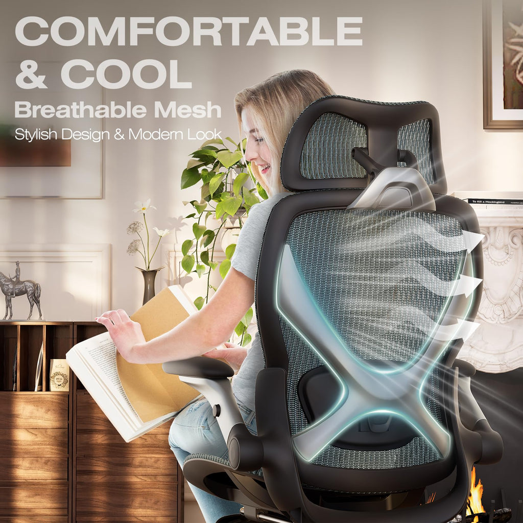 X100 Ergonomic Mesh Office Chair with Footrest, Big and Tall Hone Desk Chair with 5D Flip-Up Arms, Adjustable 3D Lumbar Support,Gaming & Executive Computer Chairs for Long Hours (Dusty Sage)