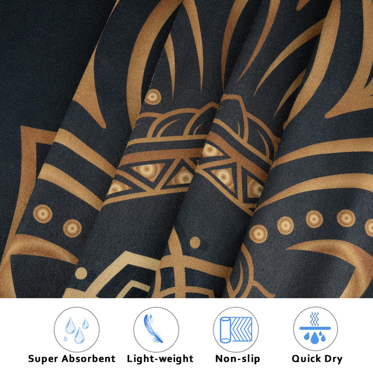 Hot Yoga Towel with Grip Dots, Non Slip, 70"x26, Gold Mandala