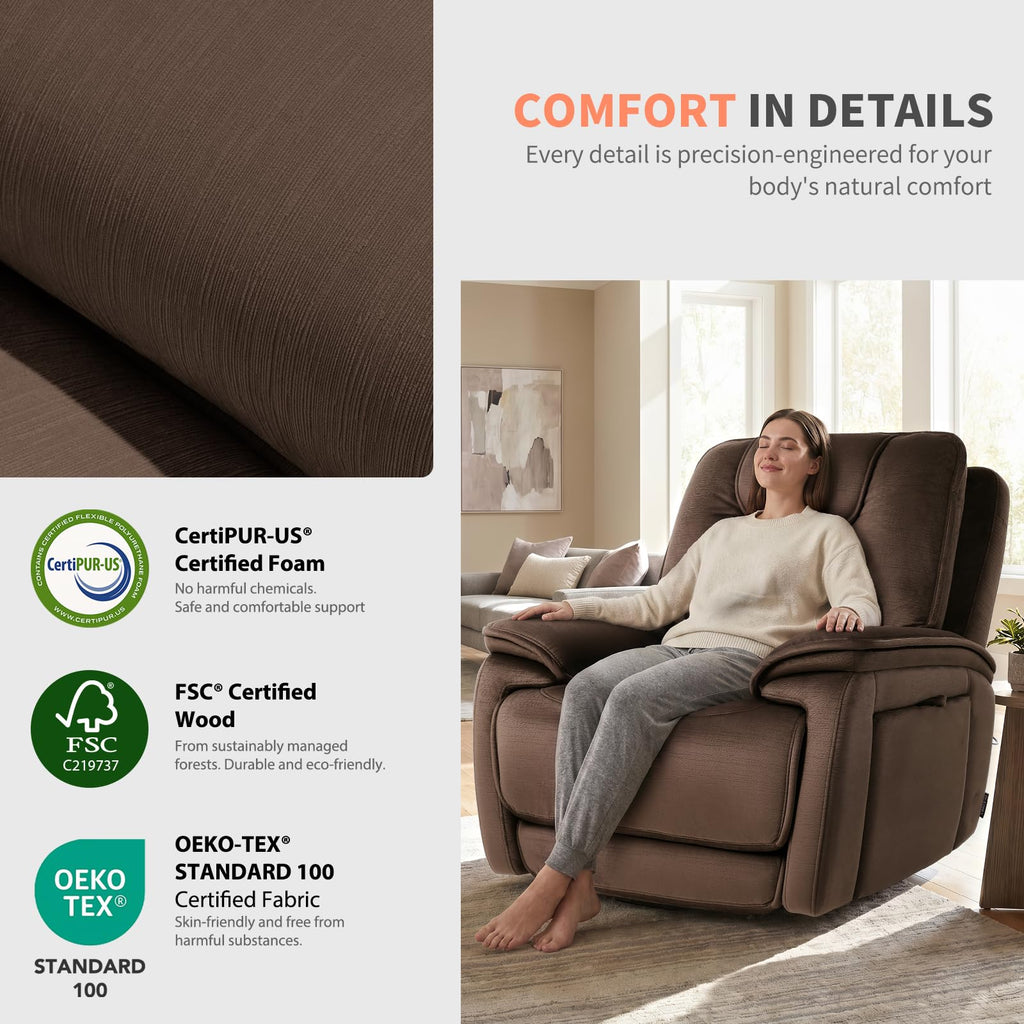 Triple Motor Lay Flat Zero Gravity Power Recliner Chair with Heat and Massage, Independent Adjustable Backrest Footrest Headrest, 400lbs Heavy Duty Medium Size, Stylish Chenille, Dark Brown