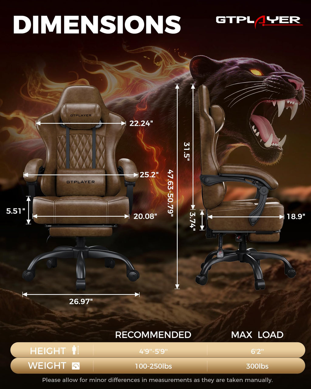Big and Tall Gaming Chair with Footrest, Ergonomic Office Desk Chair with 4.4in Thick Cushion and Wide Wingless Seat, Comfortable Leather Computer Chair, Predator Series, Rustic Brown