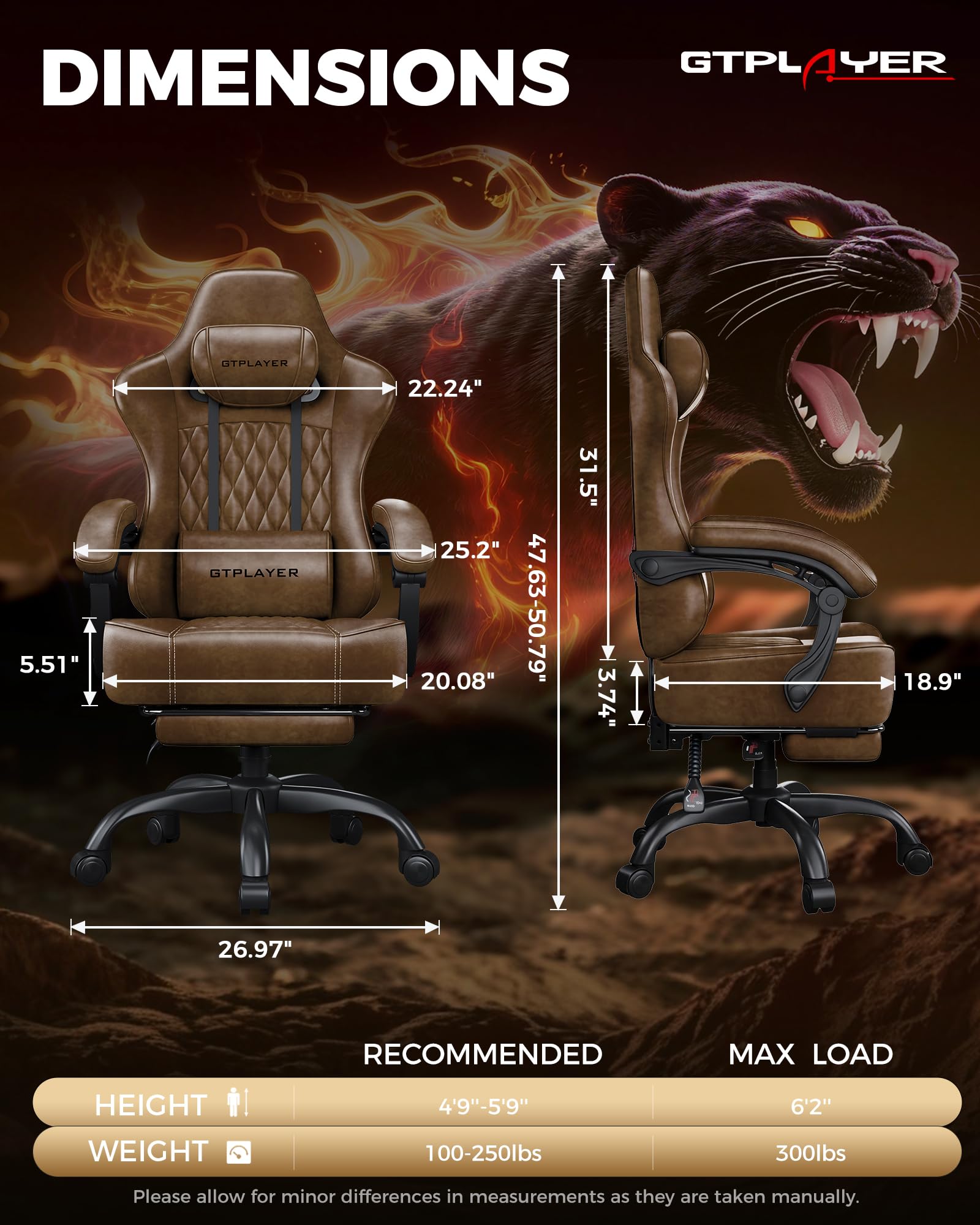 Big and Tall Gaming Chair with Footrest, Ergonomic Office Desk Chair with 4.4in Thick Cushion and Wide Wingless Seat, Comfortable Leather Computer Chair, Predator Series, Rustic Brown
