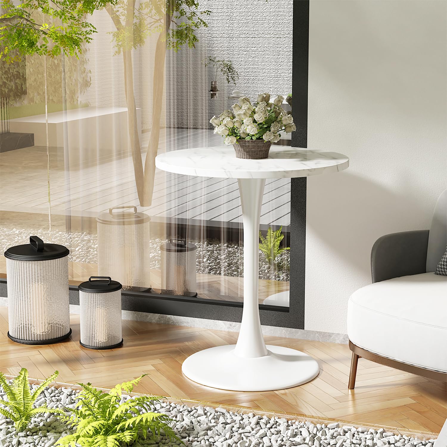 Kasinali White Marble Round Dining Table 24" Circle Tulip Table with Thickened Tabletop & Sturdy Metal Pedestal Mid Century Modern Leisure Bistro Kitchen Tables 2 People Small Places Living Room Cafe