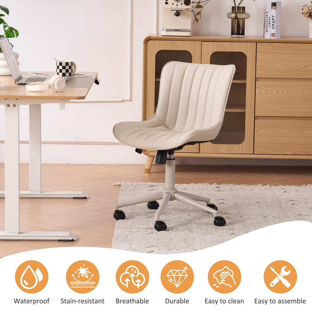 Home Office Desk Chair with Wheels Armless Vanity Chair with Back Comfy Modern Leather Upholstered Rolling Task Chair Swivel Small Cute Sewing Chair No Arms Wide Adjustable Ergonomic Cream