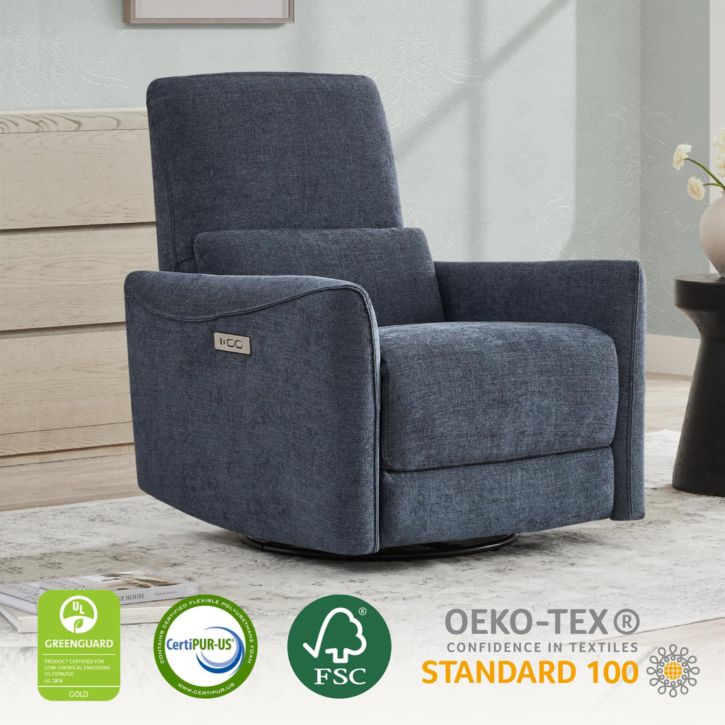 Power Recliner Chair Swivel Glider, FSC Certified Upholstered Fabric Living Room Nursery Reclining Sofa Chair with Lumbar Support, Ink Blue