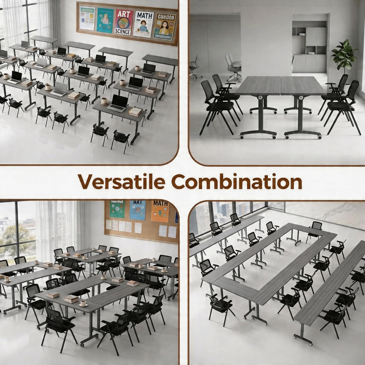 4 Pack Flip Top Training Table with Lockable Wheels, Mobile Nesting Folding Conference Table, Space Saving Seminar Desk for Classroom, Office, Library (Gray, 47"×16"×30")