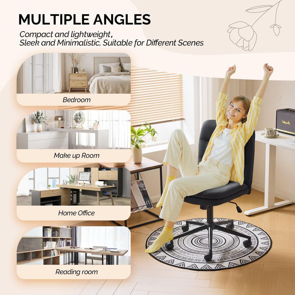 Mid Back Armless Office Desk Chair with Wheels/no Wheels,360°Rocking Swivel Vanity Chair with Thickened Cushion,Adjustable Height Rolling for Reading Room, Make up, Linen Black
