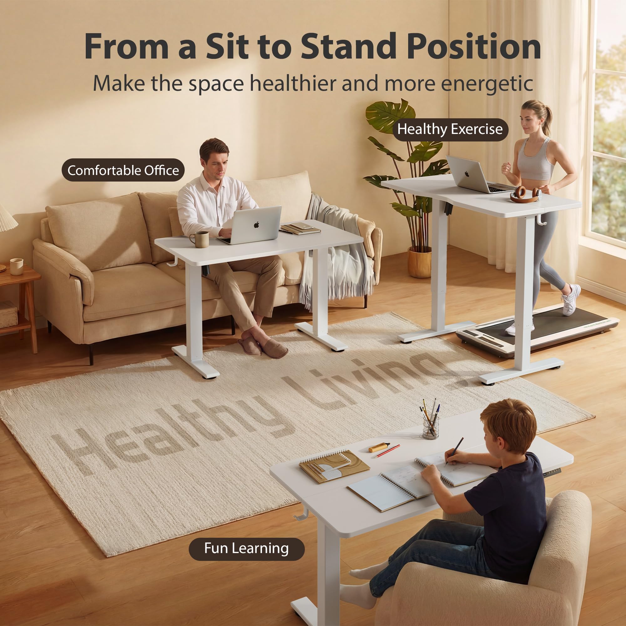 Standing Desk, 55x24 Inches Sit Stand Home Office Desk, Electric Stand up Desk, Adjustable Desk with Splice Board, White Frame/White Top