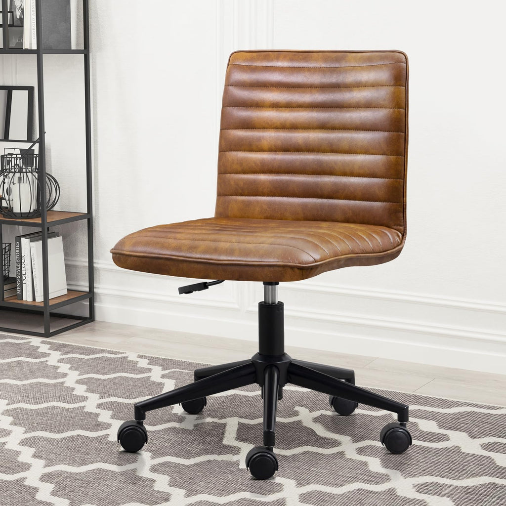 Leather Office Chair with Wheels Armless Vanity Desk Chair 360° Swivel Computer Rolling Chair with Mid Back, Height Adjustable Accent Chairs with Gold Metal Base Stool, PU YellowBrown