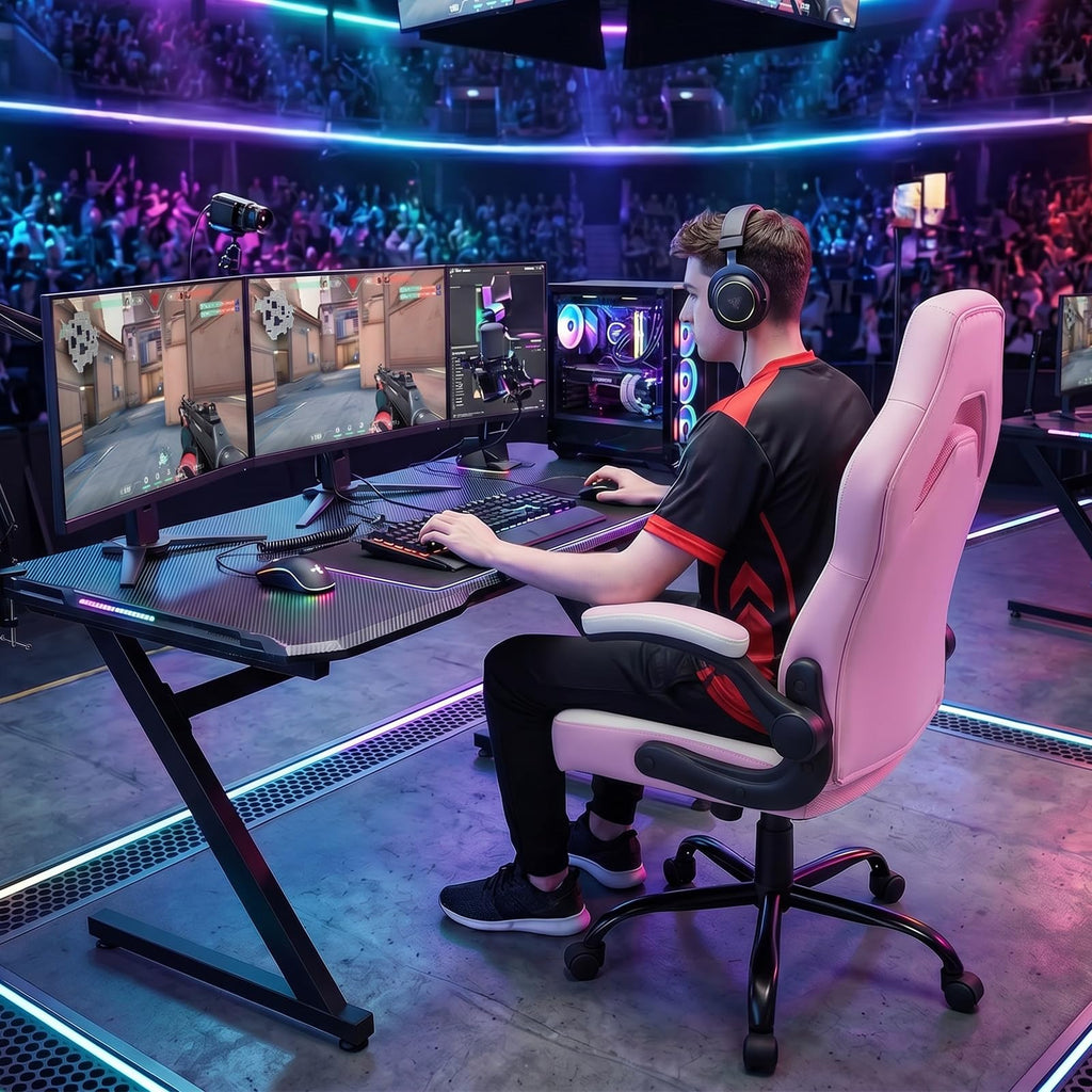 Computer Video Game Desk Chair - Ergonomic Comfy Lumbar Support, PU Leather with Flip-up Armrest, Height Adjustable and 360° Swivel, for Adults, Pink