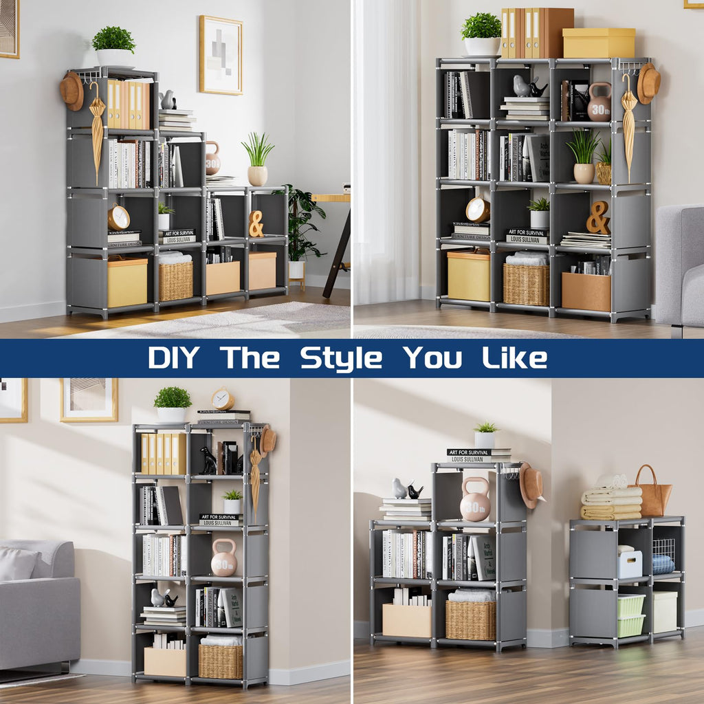Book Shelf, 12 Cube Storage Organizer, DIY Bookcase, Metal Cube Bookshelf,Tall Book case for Bedroom, Living Room,Office,Closet Storage Organizer, Grey Cubicle Storage Rack