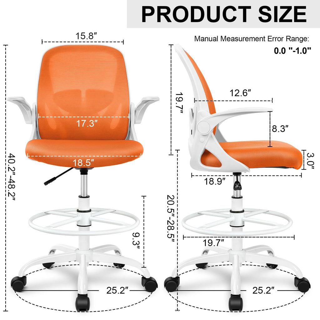 Drafting Chair Tall Office Chair with Flip-up Armrests Executive Ergonomic Computer Standing Desk Chair with Lumbar Support and Adjustable Footrest Ring (Sunset Orange)