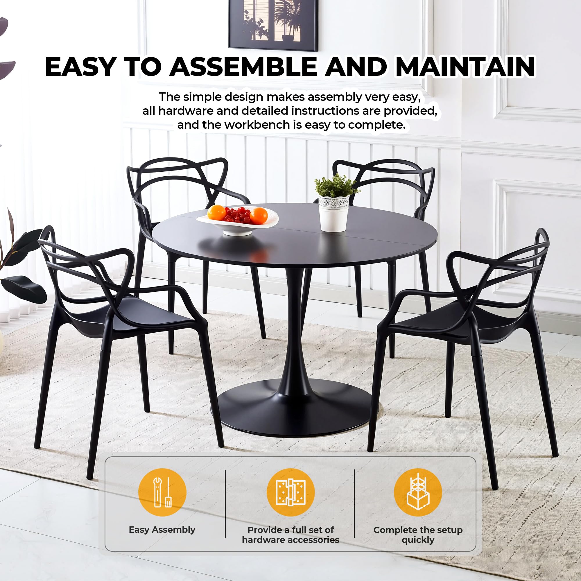Sybrioka 42" Tulip Table for 4-6 Persons Modern Round Dining Room Table, Mid-Century Modern Black Small Kitchen Table with MDF Wooden Top, Leisure Coffee Table for Living Room, Dining Room, Office