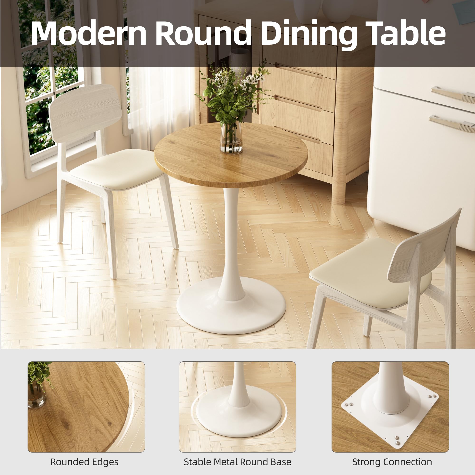 Kasinali Round Dining Table 30" Circle Tulip Table with Wood Thickened Tabletop & Sturdy Metal Pedestal Mid Century Modern Leisure Bistro Kitchen Tables 4 People Small Places Living Room Cafe,Oak