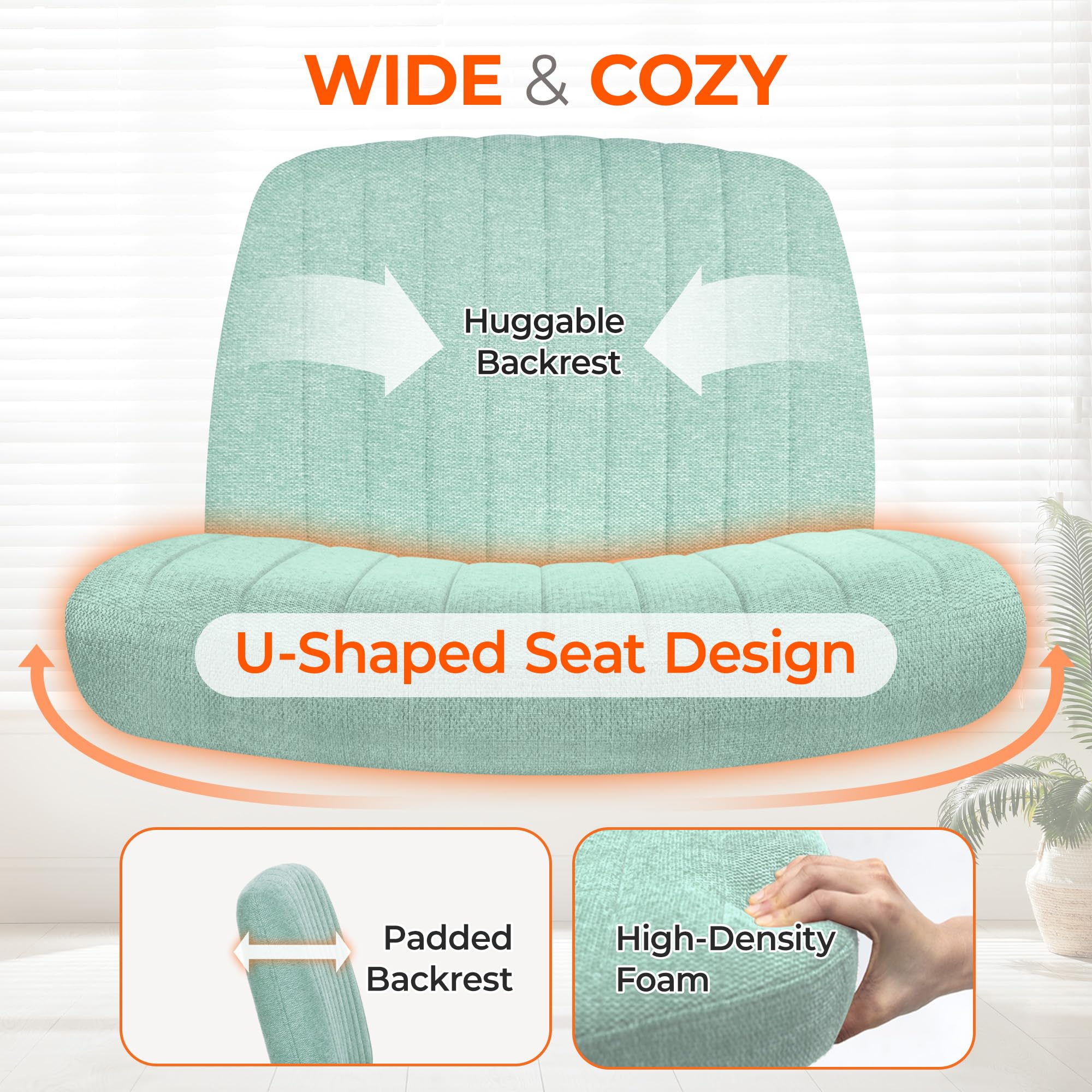 Criss Cross Chair Wheels Wide Cross Legged Office Desk Vanity Chair Comfy Fabric Armless Adjustable Swivel for Home Computer Task (Mint Wheel, Fabric)