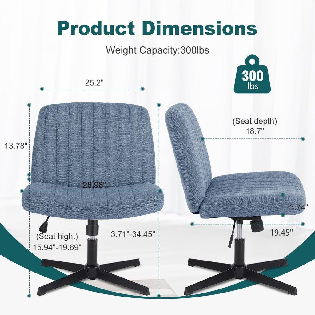 Criss Cross Chairs Legged Armless No Wheels Wide Seat Height Adjustable Swivel Rolling Padded Fabric Home Office Desk Seating for Bedroom, Student, Study Room
