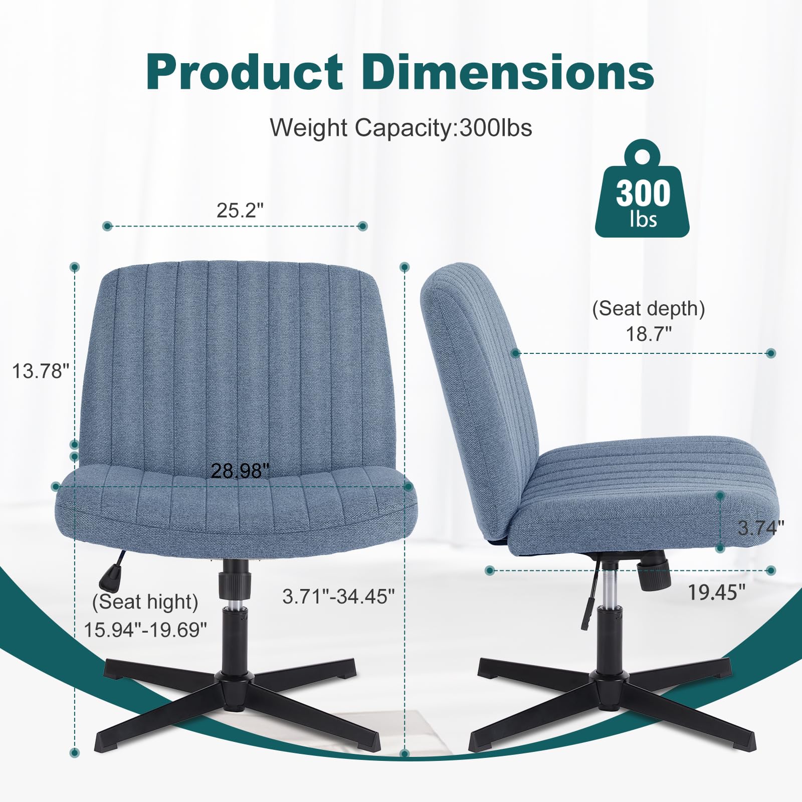 Criss Cross Chairs Legged Armless No Wheels Wide Seat Height Adjustable Swivel Rolling Padded Fabric Home Office Desk Seating for Bedroom, Student, Study Room
