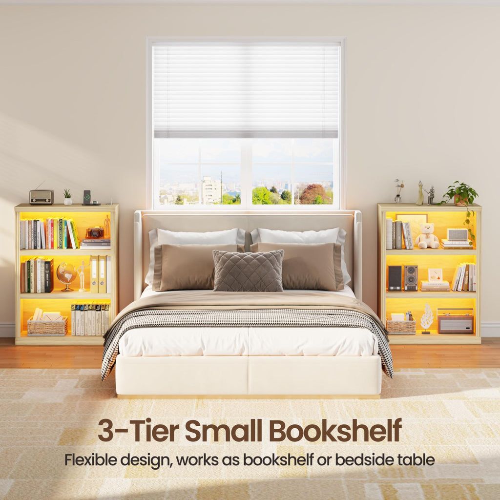 3-Tier LED Bookshelf with Motion Sensor Lights - USB Charging Module - Adjustable Modular Display Shelf 31.5 W x 43.3 H for Bedroom Living Room Home Office Apartment - Natural Wood