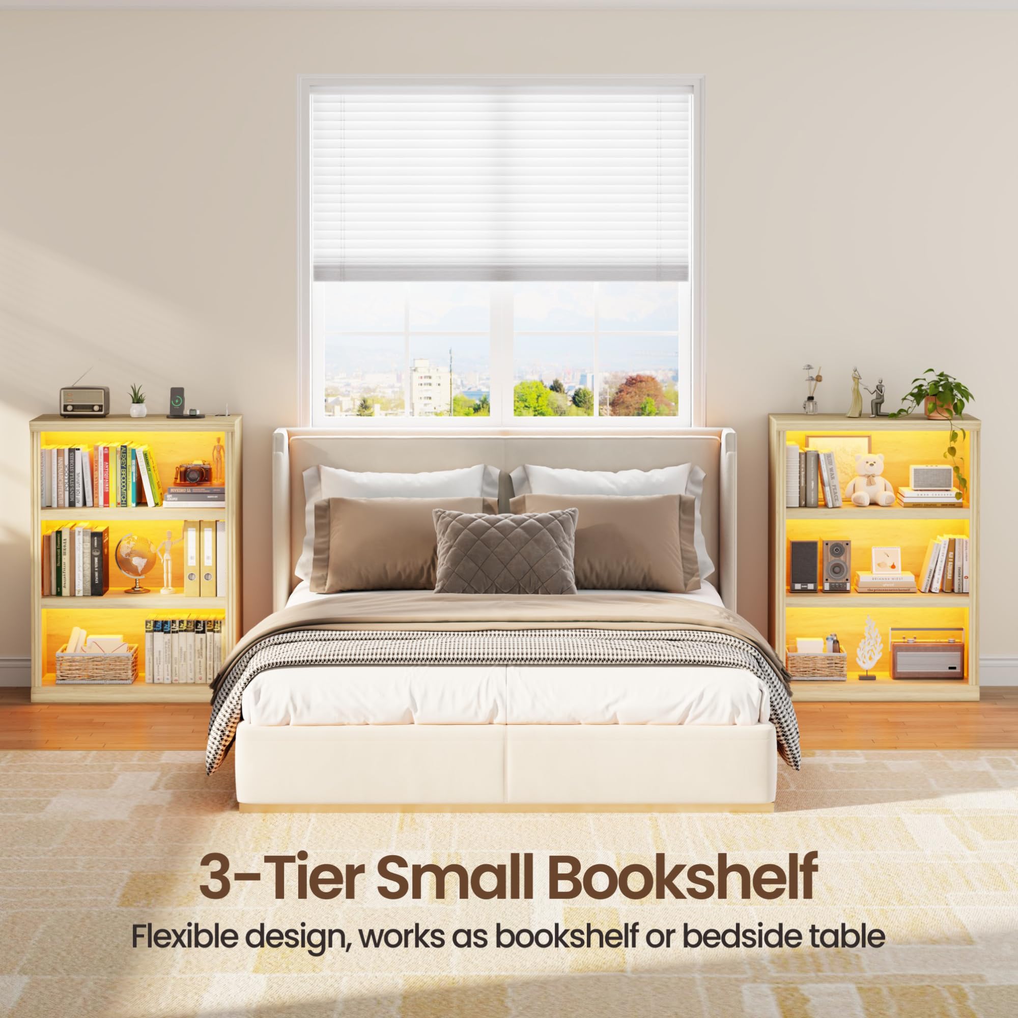 3-Tier LED Bookshelf with Motion Sensor Lights - USB Charging Module - Adjustable Modular Display Shelf 31.5 W x 43.3 H for Bedroom Living Room Home Office Apartment - Natural Wood