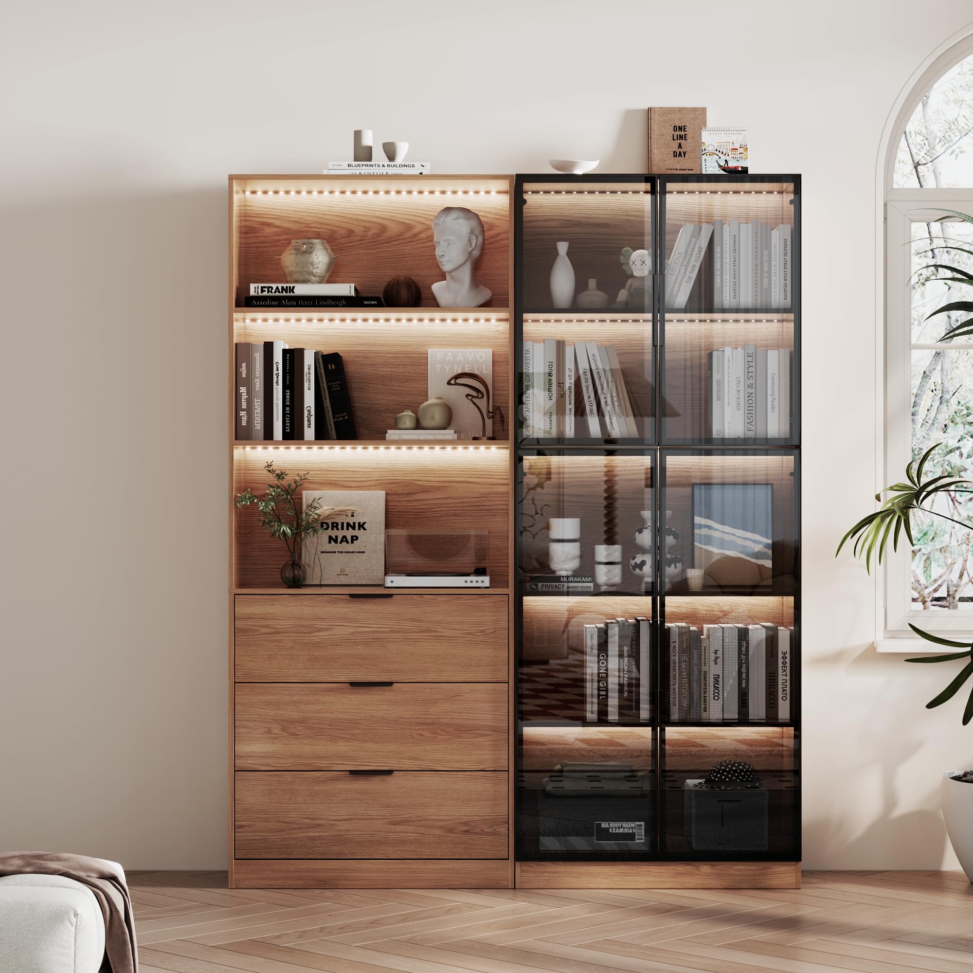 78.7" H Tall Bookcase Storage Cabinet with LED Lights and Drawers, 5 Tier Wood Storage Shelves with Glass Doors, Expandable Bookshelf Display Cabinet for Living Room, Home Office (A+B)