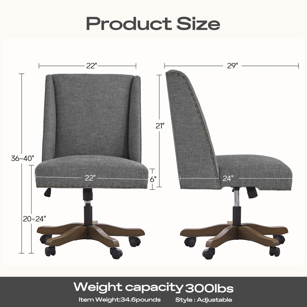 Upholstered Armless Home Office Chair with Wooden Legs, Modern Office Desk Chair No Arms Sewing Chair Adjustable Swivel Desk Chair for Farmhouse Office Study Studio (Dark Gray)