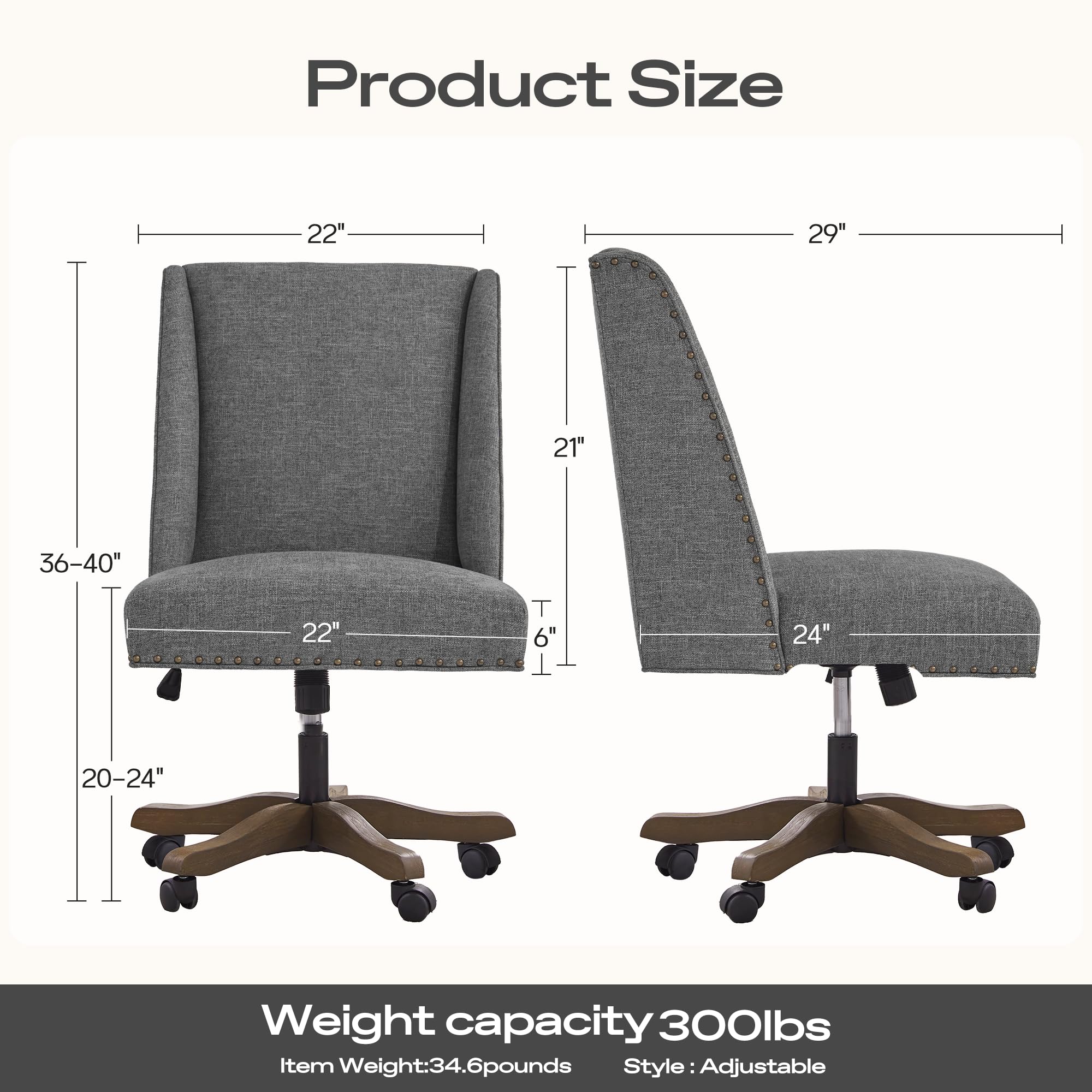 Upholstered Armless Home Office Chair with Wooden Legs, Modern Office Desk Chair No Arms Sewing Chair Adjustable Swivel Desk Chair for Farmhouse Office Study Studio (Dark Gray)