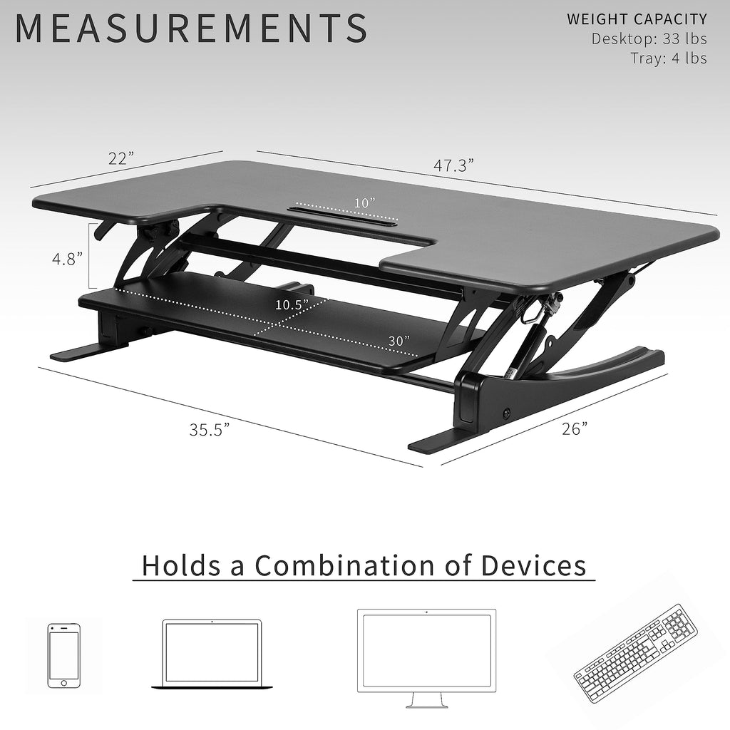 48 inch Height Adjustable Large Stand Up Desk Converter, V Series, Quick Sit to Stand Tabletop Dual Monitor Riser Workstation, Black