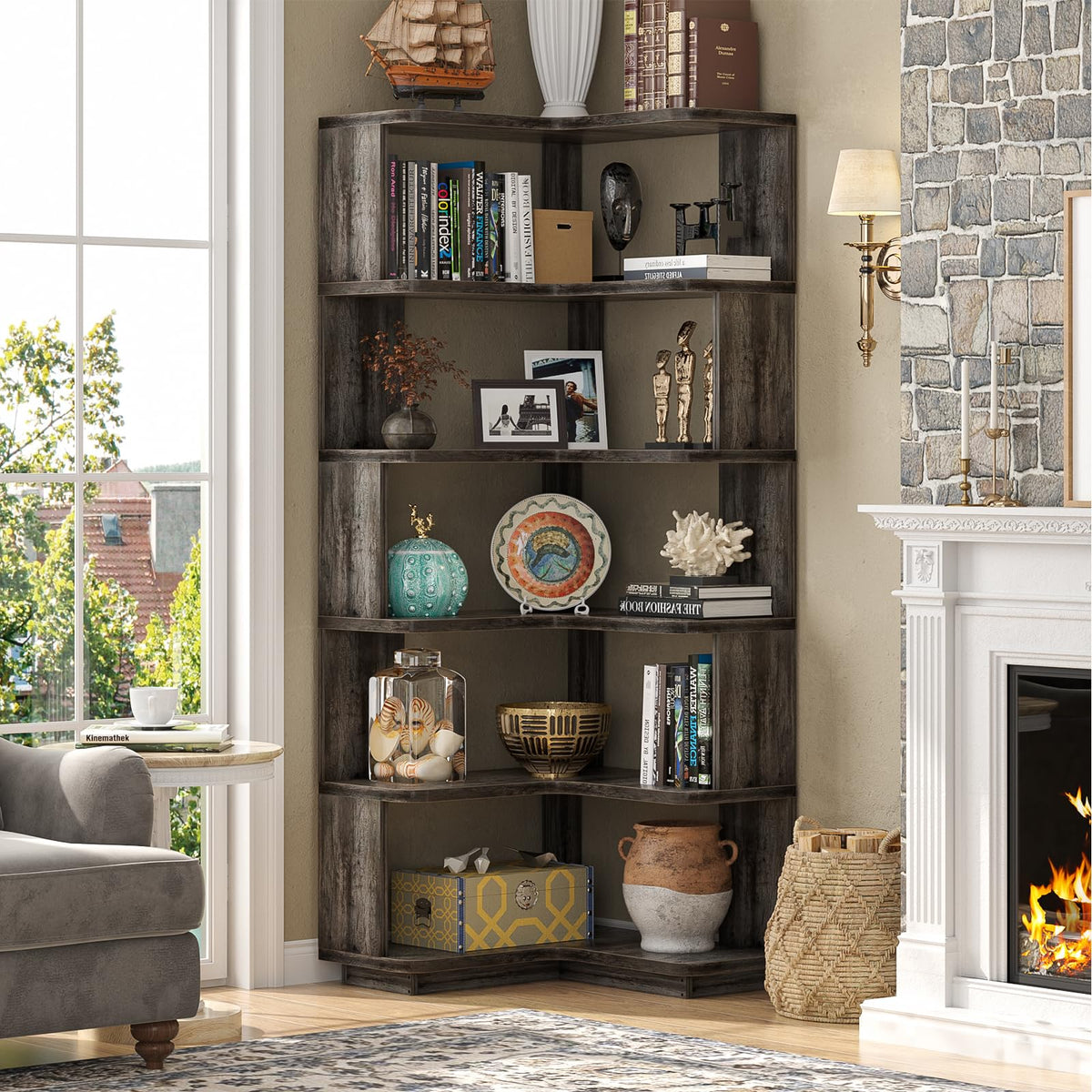 Corner Book Shelf, 6-Shelf L Shaped Corner Bookshelf with Baffle
