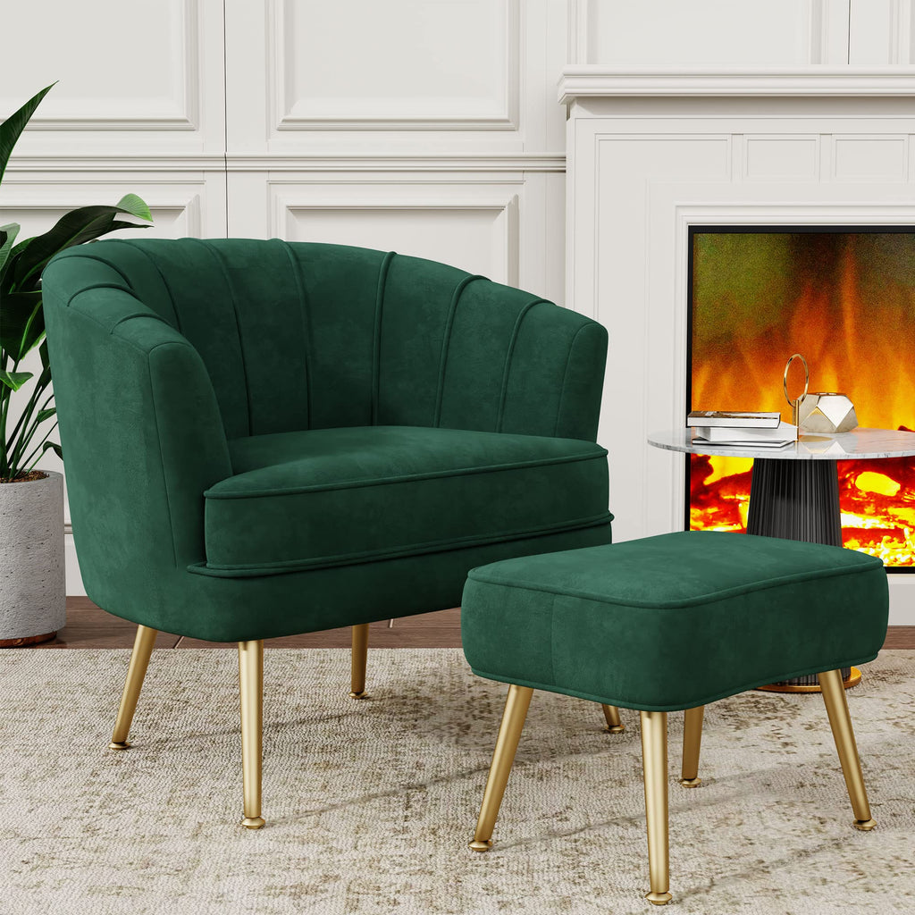 Velvet Accent Chair with Ottoman, Upholstered Modern Single Sofa Side Chair,Comfy Barrel Club Living Room Armchair with Golden Metal Legs for Office Bedroom Living Reading Room, Green