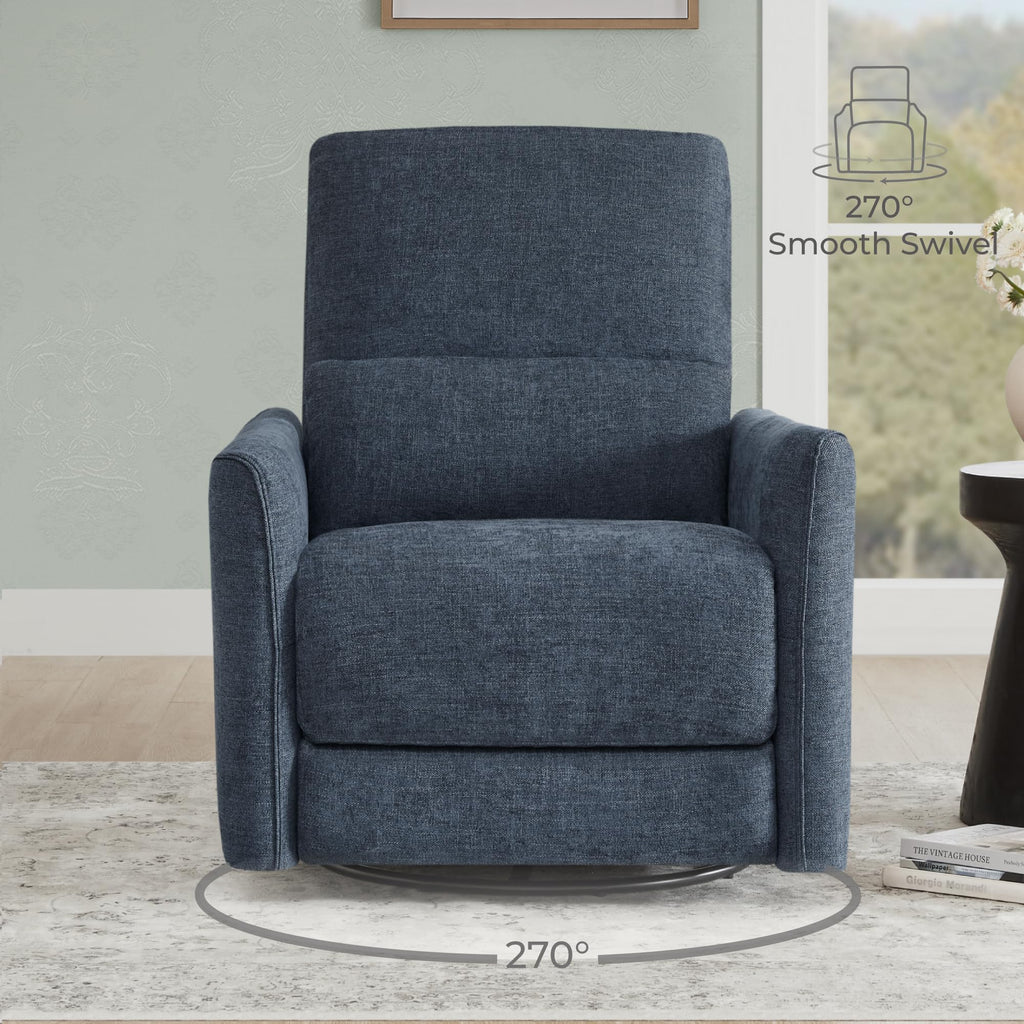 Power Recliner Chair Swivel Glider, FSC Certified Upholstered Fabric Living Room Nursery Reclining Sofa Chair with Lumbar Support, Ink Blue