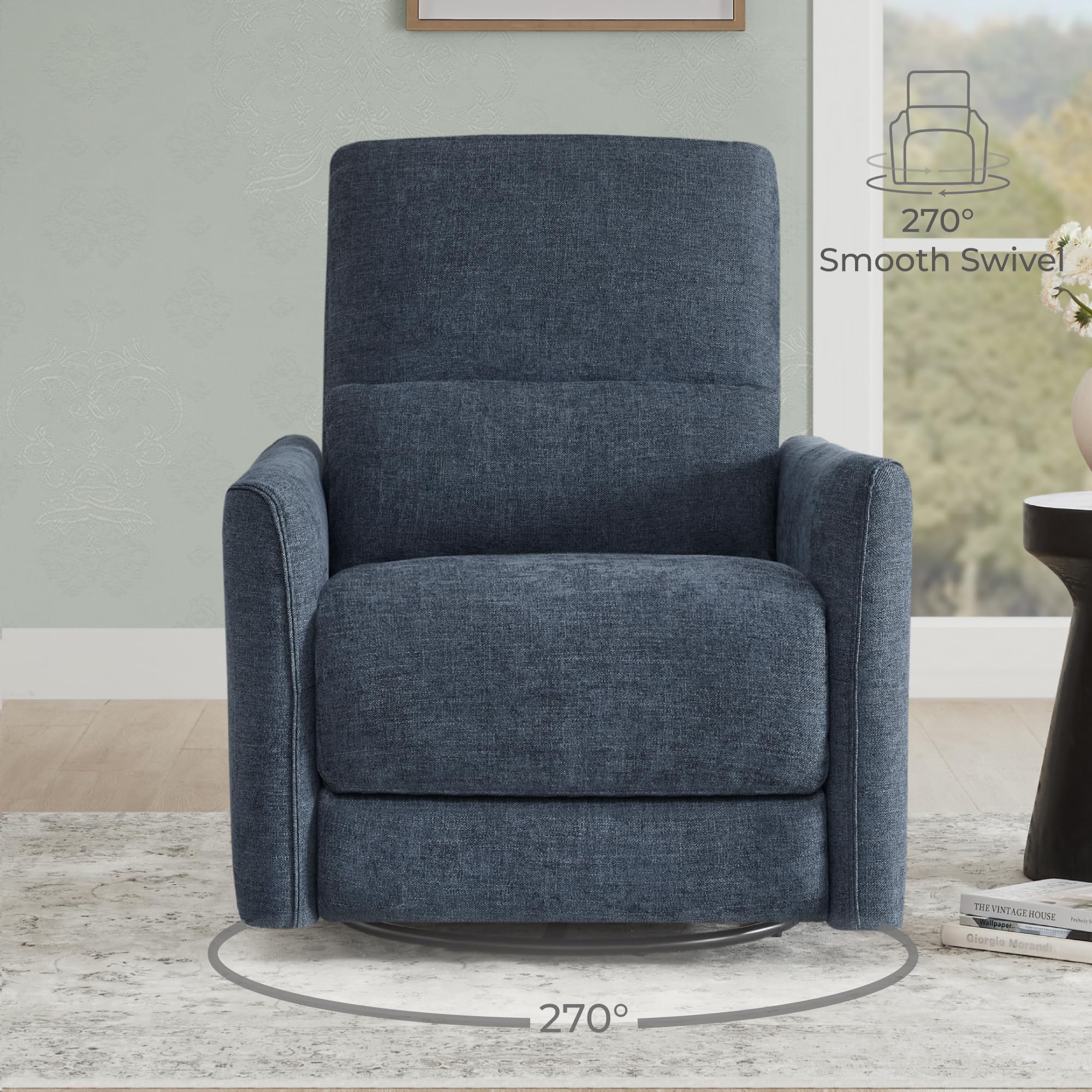 Power Recliner Chair Swivel Glider, FSC Certified Upholstered Fabric Living Room Nursery Reclining Sofa Chair with Lumbar Support, Ink Blue
