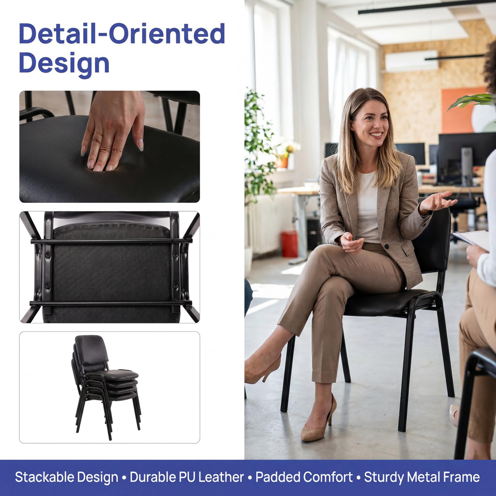 Set of 20, Black PU Leather, Stackable Office Guest Chairs, Reception Waiting Room Chairs with Padded Seat & Back, Armless No Wheels Conference Chairs for Training, Meeting, Event