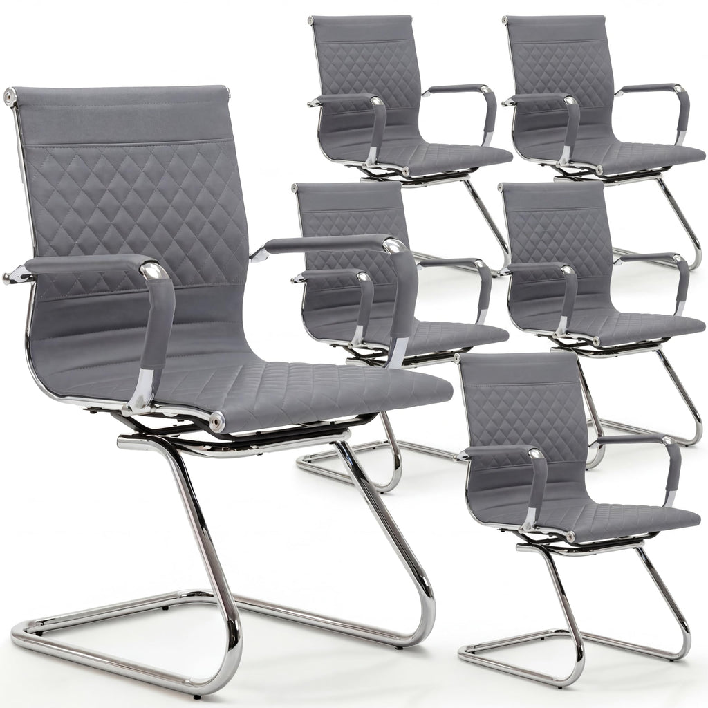 Office Chairs Set of 6 - PU Leather Desk Chair No Wheels with Arms - 400LB Capacity Sled Base Waiting Room Chairs, Modern Conference Chair for Home Office, Lobby, School Grey